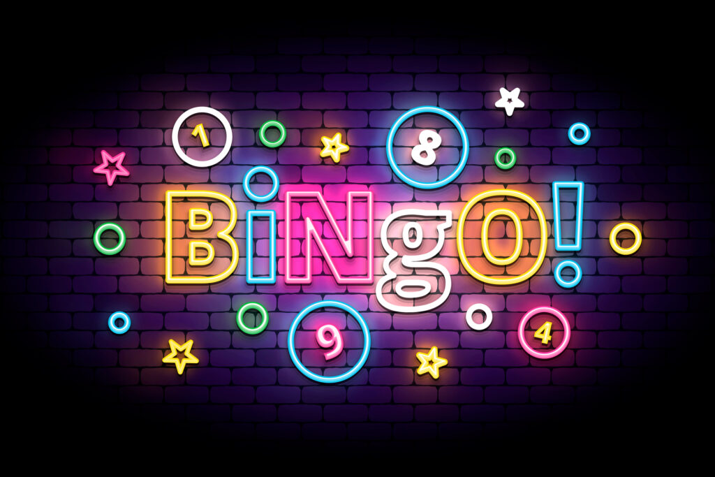 Bingo neon sign with lottery balls and stars.